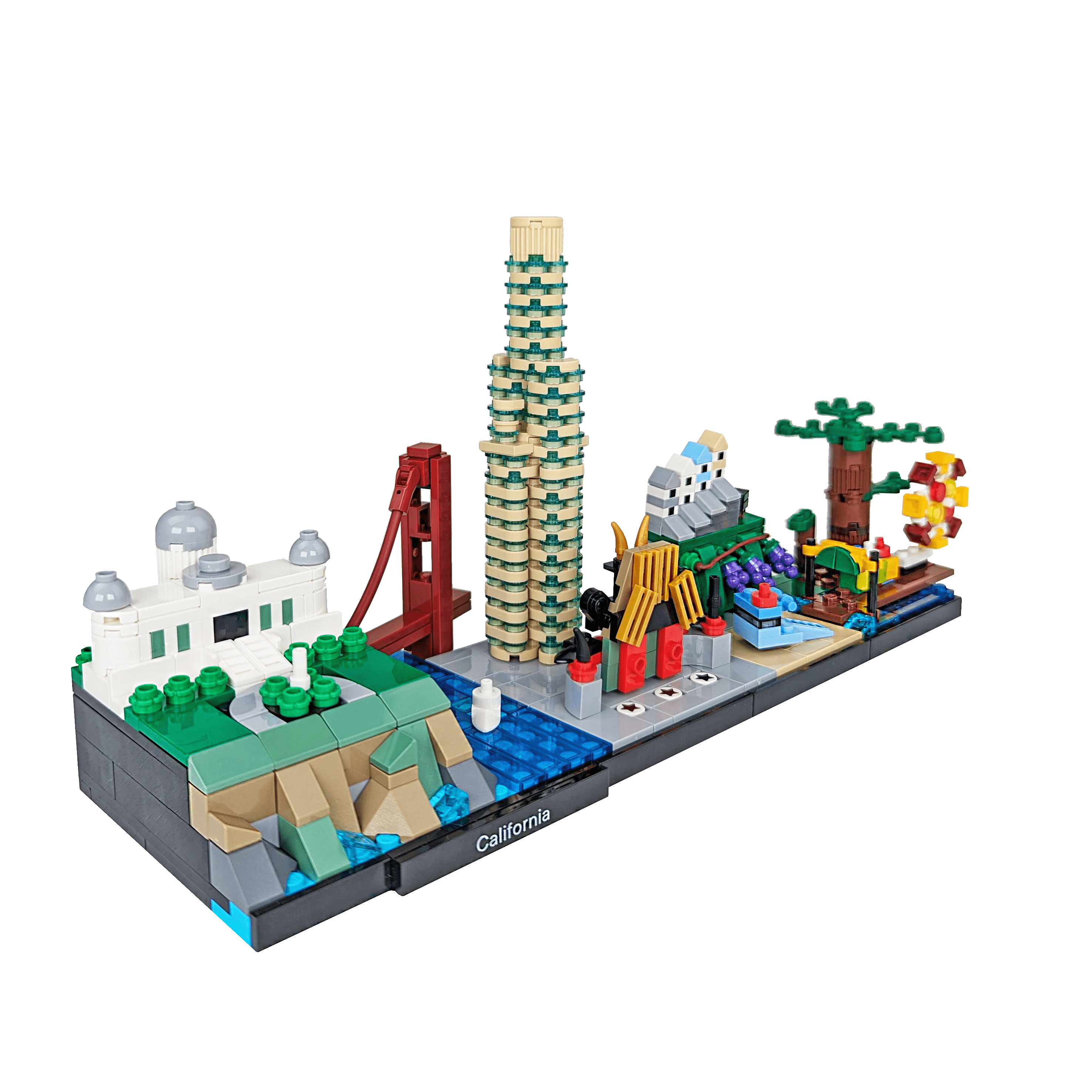 A custom LEGO building set depicting various iconic locations in California, including the Golden Gate Bridge and a vineyard.